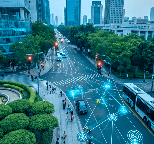 A city street with traffic and pedestrians, overlaid with glowing lines connecting digital service points