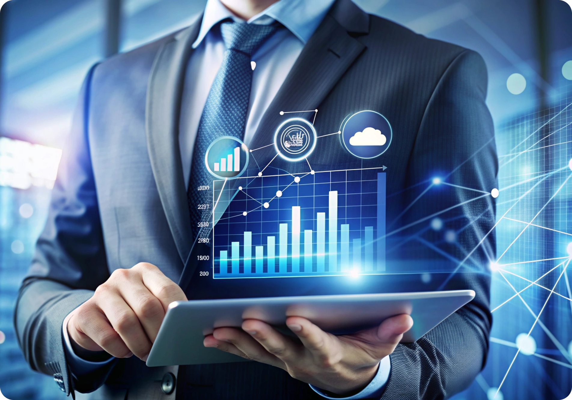 Business professional with analytics dashboard